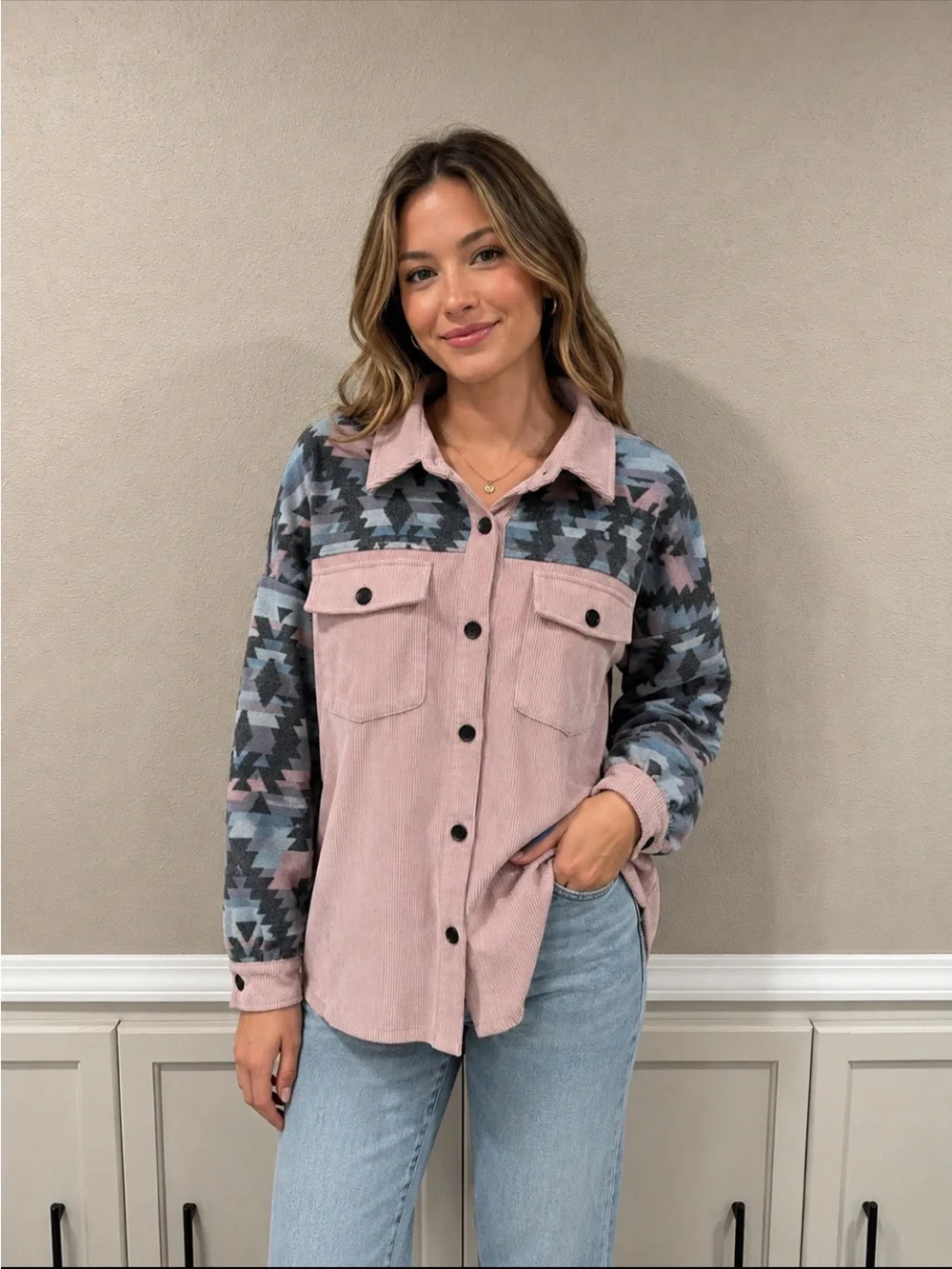 Pink Corduroy & Aztec Pattern Shacket - Picture 1 of 5
